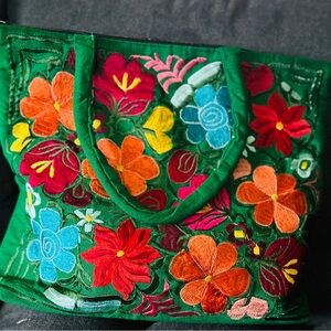Mexican  Bag Ethically Handmade Artisan Flower Embroidered Tote Bag with 4 Pocke